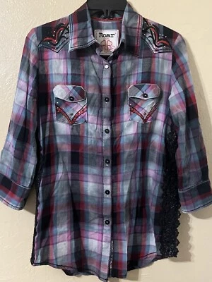 Camisa feminina Roar bordada cruz ocidental xadrez botão para baixo CC217 - Imagem 1 de 3