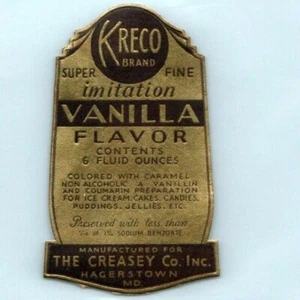 Etiqueta de sabor a vainilla imitación Kreco de la década de 1930 6 oz arrugada de colección Hagerstown, MD C24 - Imagen 1 de 3
