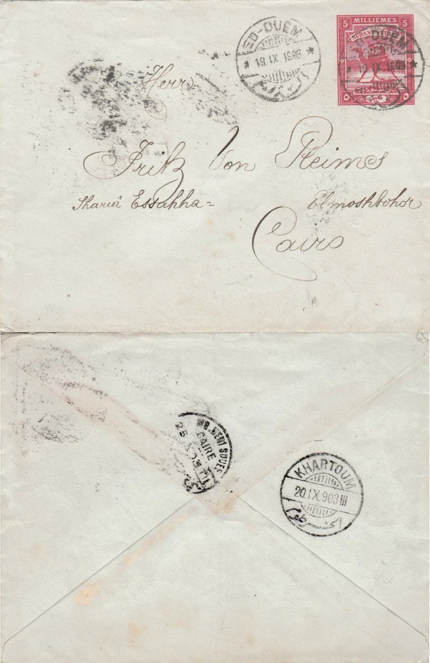Sudan to Egypt ED DUEM 5m Camel Rider Stationery AMB BENI SOUEF to CAIRO 1903 - Image 1 of 1