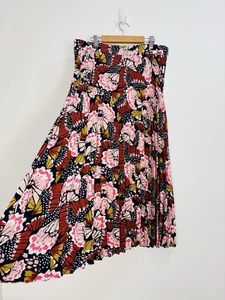 Boden Skirt Womens Size 14 Navy Pink Brown Pleated Midi Zip Floaty Swing Floral - Picture 1 of 10
