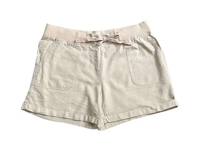 PER SE Womens Size Large Pull On Drawstring Linen Blend Beige Cuffed Shorts - Image 1 of 4