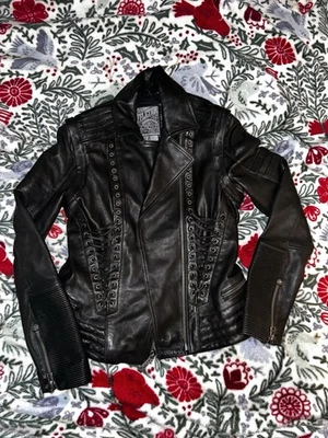 Chaqueta de moto de cuero vintage Affliction para mujer talla mediana corsé trasero Foto 1 de 4
