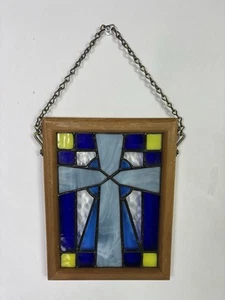 Stained Glass Wood Framed Cross Suncatcher Christian Religious *READ - Picture 1 of 12