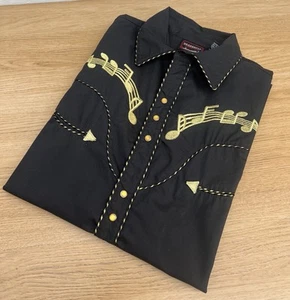 Dragonfly Western Mens Shirt Black Medium Gold Embroidery Musical Notes - Picture 1 of 14