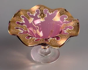 Antique Bohemian Glass Moser Type Compote/Candy Dish Cranberry Gold Enamel - Picture 1 of 21