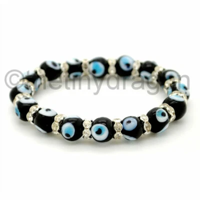 EVIL EYE BRACELET 10mm Glass Lampwork Bead Stretch Good Luck Kabbalah Protection - Image 1 of 4