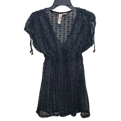 Miken Women's Black Open Crochet Mesh Knit V-Neck Swim Cover Up Dress Size S - Image 1 of 4
