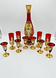 Murano Trefuochi Decanter Set Venetian Ruby 24KT Gold Rimmed (T) - Picture 1 of 21