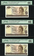 New Zealand 3 CONSECUTIVE $1 WILKS (1968-75) Prefix 6J P-163b GEM UNC PMG 66 EPQ