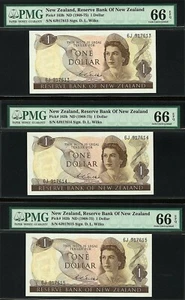 Nueva Zelanda 3 CONSECUTIVOS $1 WILKS (1968-75) Prefijo 6J P-163b GEMA UNC PMG 66 EPQ - Imagen 1 de 2