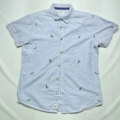 Free Planet Shirt Mens L Blue Striped Parrot Logo Cotton Short Sleeve Button-Up - Image 1 of 4