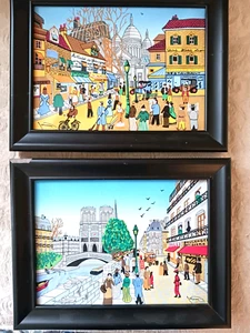 2 Vtg Colorful Prints of Paris Notre Dame Sacre Coeur Montmartre on Canvas Signe - Picture 1 of 22