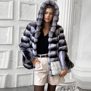 Women Chinchilla Rex Rabbit Fur Coat Hooded Natural Jackets Warm Thick Overcoats - Picture 1 of 6