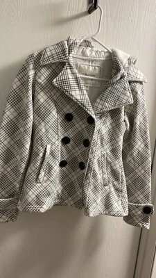 Maurices Black/Grey/White Womens Button Front Coat With Hood - Size Small - Image 1 of 4