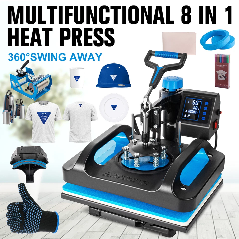 CAREJOY 8 IN 1 Heat Press Machine 15"x15" Sublimation Transfer T-Shirt Mug Plate Hat