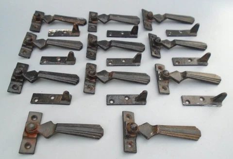 11 Original Vintage Art Deco Metal Casement Window Handles & Wedge Fasteners Cover
