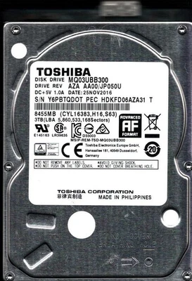 MQ03UBB300 HDKFD06AZA31 T REV: AZA AA00/JP050U 3TB NOV 2016 PHILIPPINES TOSHIBA - Image 1 of 3