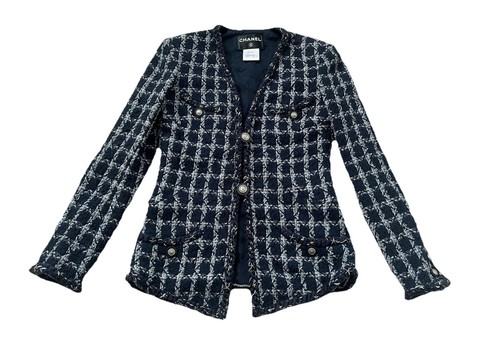 Giacca donna Chanel Paris Dallas pre autunno 2014 blu tweed bottoni stella