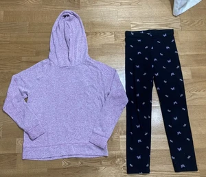Conjunto para niñas Gap & Old azul marino talla 8 - suéter rosa jaspeado con capucha con leggings usado en excelente estado - Imagen 1 de 7