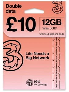 PrePaid Europe (UK THREE) sim card 12GB data+3000 minutes+3000 texts for 30 d... - Picture 1 of 1