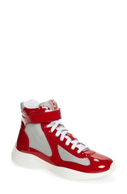 100% AUTH NEW MEN PRADA RED PATENT BIKE AMERICA CUP HIGH TOP SNEAKERS UK 7/US 8 - Image 1 of 4