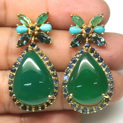 925 Sterling Silver Green Agate, Topaz, Emerald, Turquise & Sapphire Earrings - Image 1 of 4