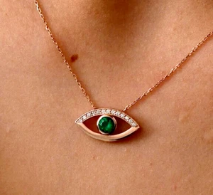 1.50Ct Round Cut Simulated Green Emerald Evil Eye Pendant 14k Rose Gold Plated - Picture 1 of 12