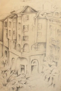 ANTIQUE PENCIL PAINTING MODERNIST CITYSCAPE - Picture 1 of 12