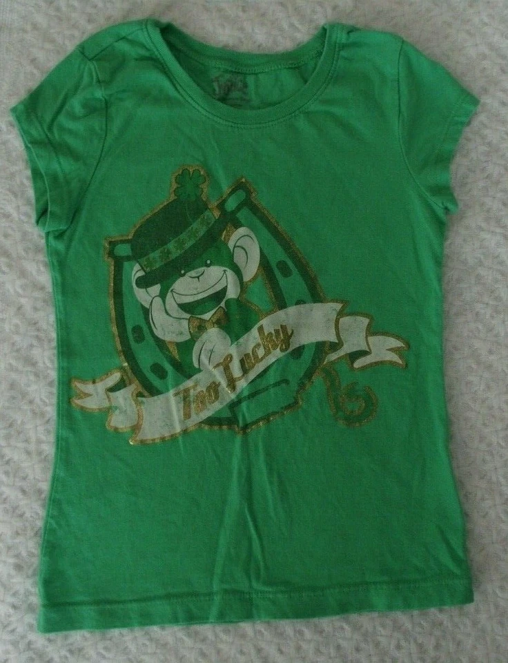 Justice 6 Girls St Patrick's Day Shirt Too Lucky Monkey VGUC shamrock green XXXS - Image 1 of 1