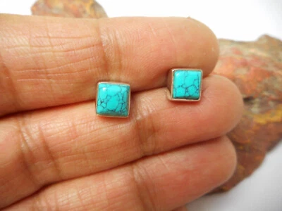 Square Blue TURQUOISE  Sterling  Silver  925 Gemstone Stud Earrings - 6 mm - Image 1 of 4