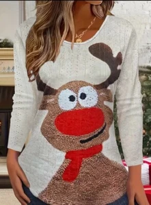 Plus Size 20x Christmas Reindeer Long Sleeve Crew Neck Eyelet Cut Out Blouse Top - Picture 1 of 9