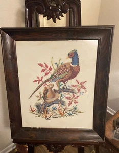 Vintage Cross Stitch Bird Pheasant Wooden Rustic Framed 29”X25” - Picture 1 of 24