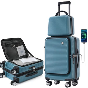 2pc 20 Inch Hardside Luggage Suitcase USB Port TSA Lock w Portable Carrying Case - Picture 1 of 19