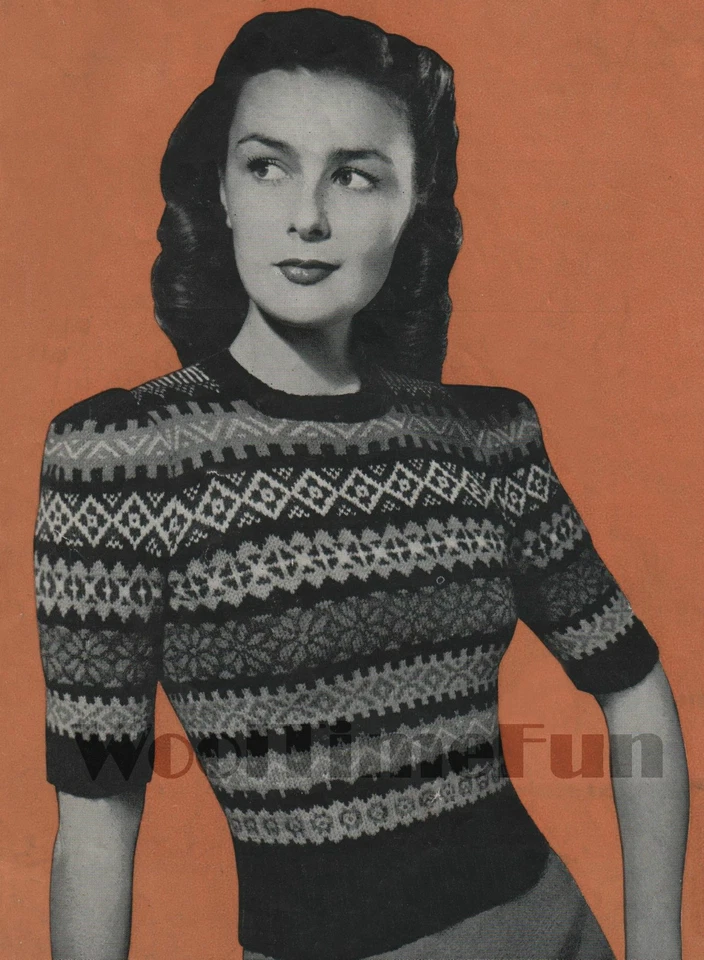 Vintage Knitting Pattern Classic Lady's 1940s Fair Isle Short Sleeve Jumper. - Image 1 of 1