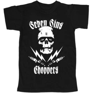 SEVEN SINS CHOPPERS TEE CHOPPER "ZOMBIE" WHITE INK on BLACK SHIRT MOTORCYCLE - Picture 1 of 1