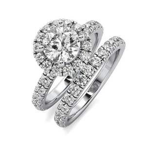 Halo 2.84 Ct G VS1 Round Cut Lab Grown Diamond Engagement Ring Matching Band Set - Picture 1 of 3