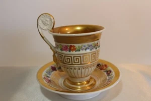 BELLISSIMA TAZZA ANTICA PARIGI PORCELLANA E FIORI PIATTINO ORO MOTIVO CHIAVE GRECA - Foto 1 di 10