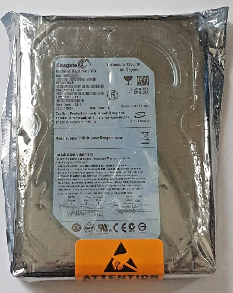 80 GB SATA Seagate Barracuda 7200.10 ST380215AS 2MB 3.5" Certified Repaired HDD - Image 1 of 1