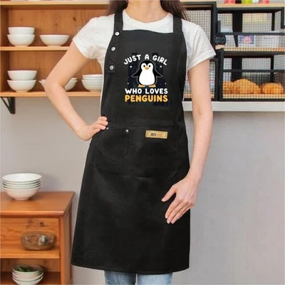 NO BRAND 2 Pack Adjustable Black Aprons with Front Pocket - Cute Cartoon Penguin Design "