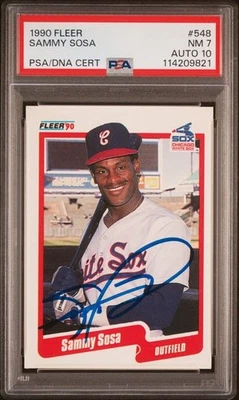 1990 CUBS Sammy Sosa signed ROOKIE card Fleer #548 PSA 7 AUTO 10 RC White Sox - Image 1 of 2