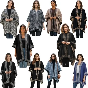 Women’s Retro Geometric Poncho Shawl Warm Winter Diamond Wrap Warm Cape Scarf - Picture 1 of 70
