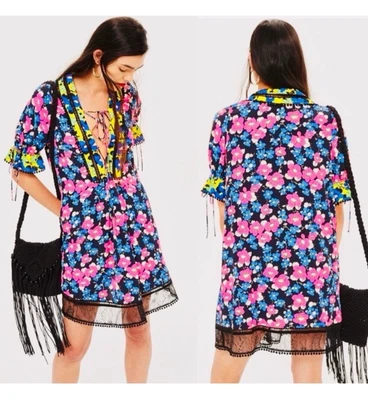 TopShop Retro Mod Floral Babydoll Mini Vestido Negro y Neón Bohemio Festival US4 Foto 1 de 4