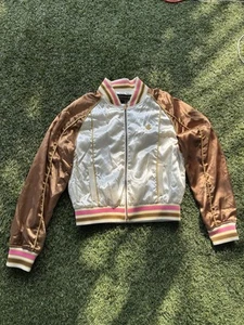 Y2k ROCAWEAR Satin Bomber Jacket M Track Bown Pink Ivory Gold Logo by JayZ Vtg - Picture 1 of 7