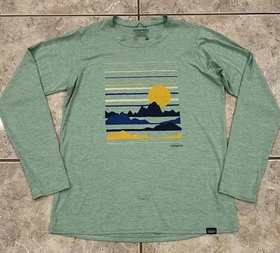 Mujer M Patagonia Capilene Cool Diario Gráfico Camisa Verde Manga Larga Top Foto 1 de 4