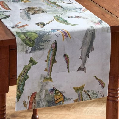 Rustic Fly Fishing Print Cotton Country Cabin Table Runner 13"x54" - Image 1 of 2
