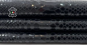 BLACK SHINY SNAKE PRINT ON Strong Italian Calfskin Cow Leather 7sqf 0.9mm C6536 - Picture 1 of 7