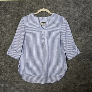 Talbots Top Women S Petite Blue White Stripe Linen Elbow Sleeve Nautical Popover - Picture 1 of 11