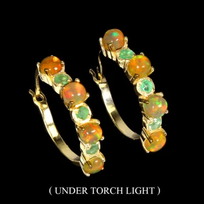 925 Sterling Silver Earrings Round Fire Opal Emerald Natural Gemstone Jewelry - Image 1 of 4