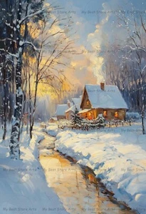 WINTER VILLAGE ART PRINT, Snowy Cottage Home Decor, Holiday Painting Poster E273 - Picture 1 of 2
