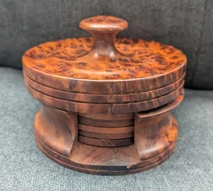 Vintage SET OF 6 SOLID BURLWOOD Handmade COASTERS in Caddy with Lid - Picture 1 of 11